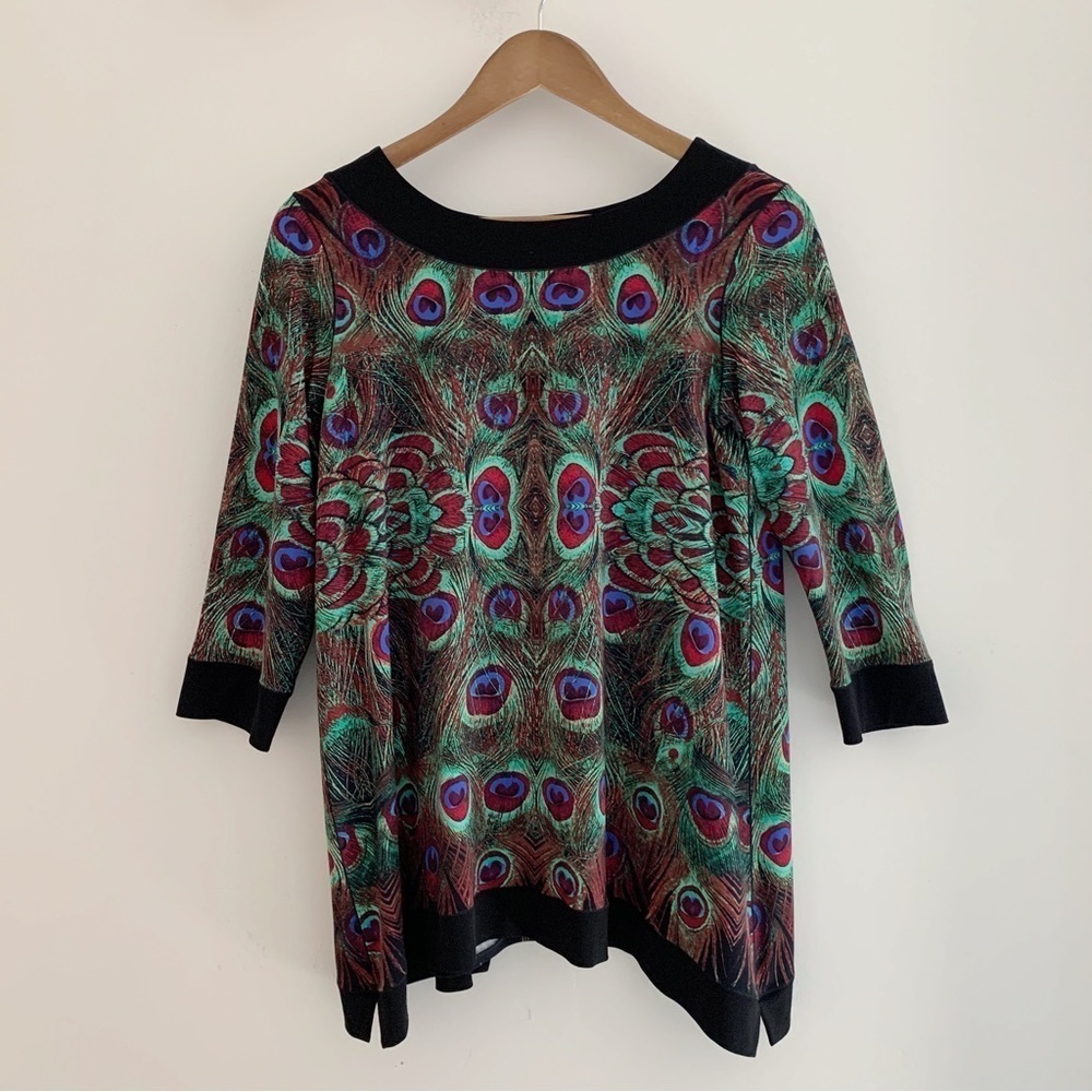 Eva Varro Peacock Print Split Back Tunic Top Small Maximalist